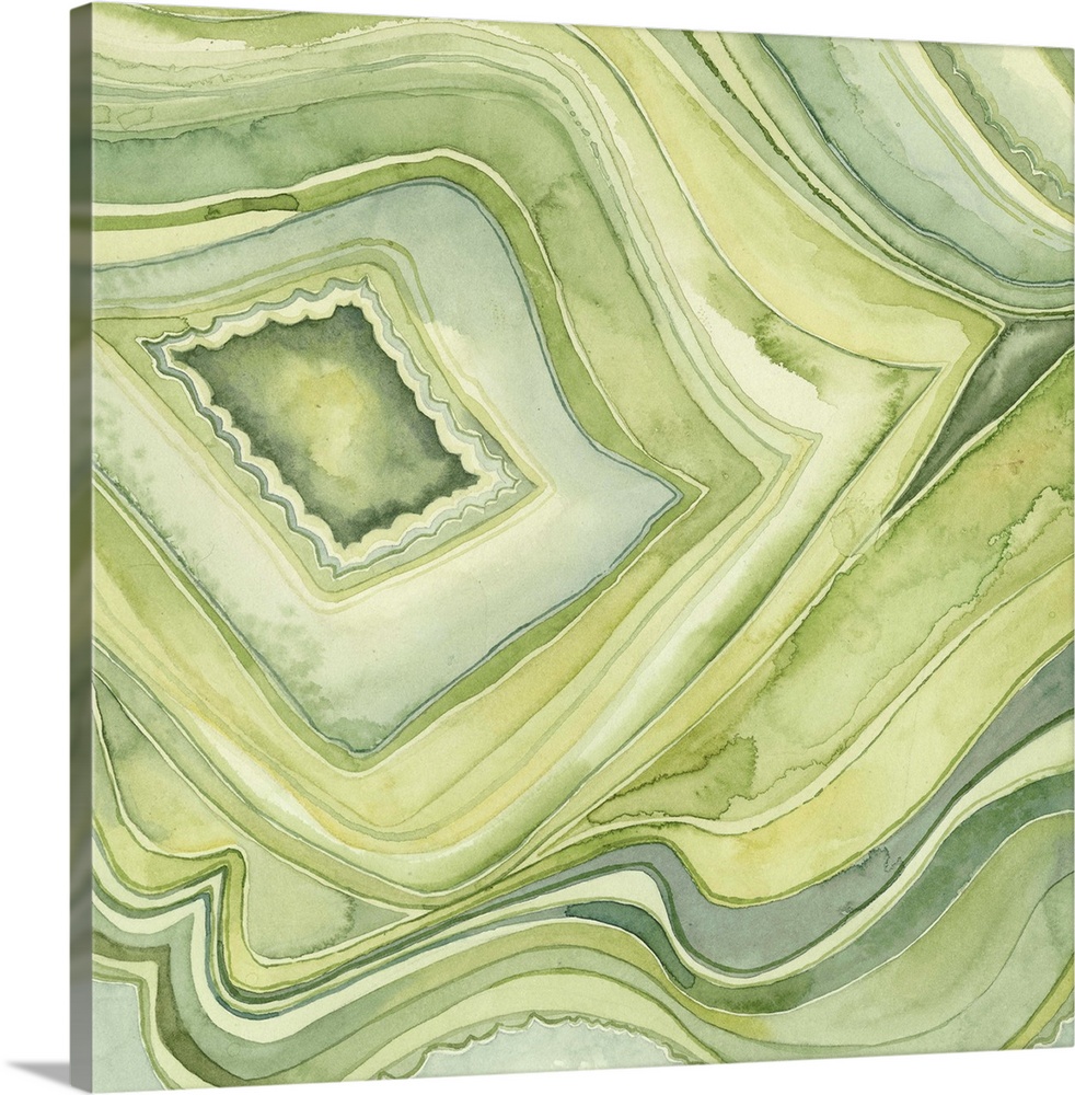 A contemporary abstract painting of layered lines in graduated colors resembling a geode cross section.