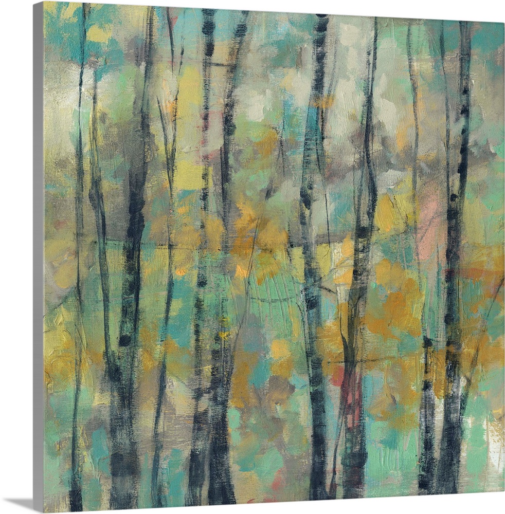 Painting of a forest with thin trees against an abstract background.