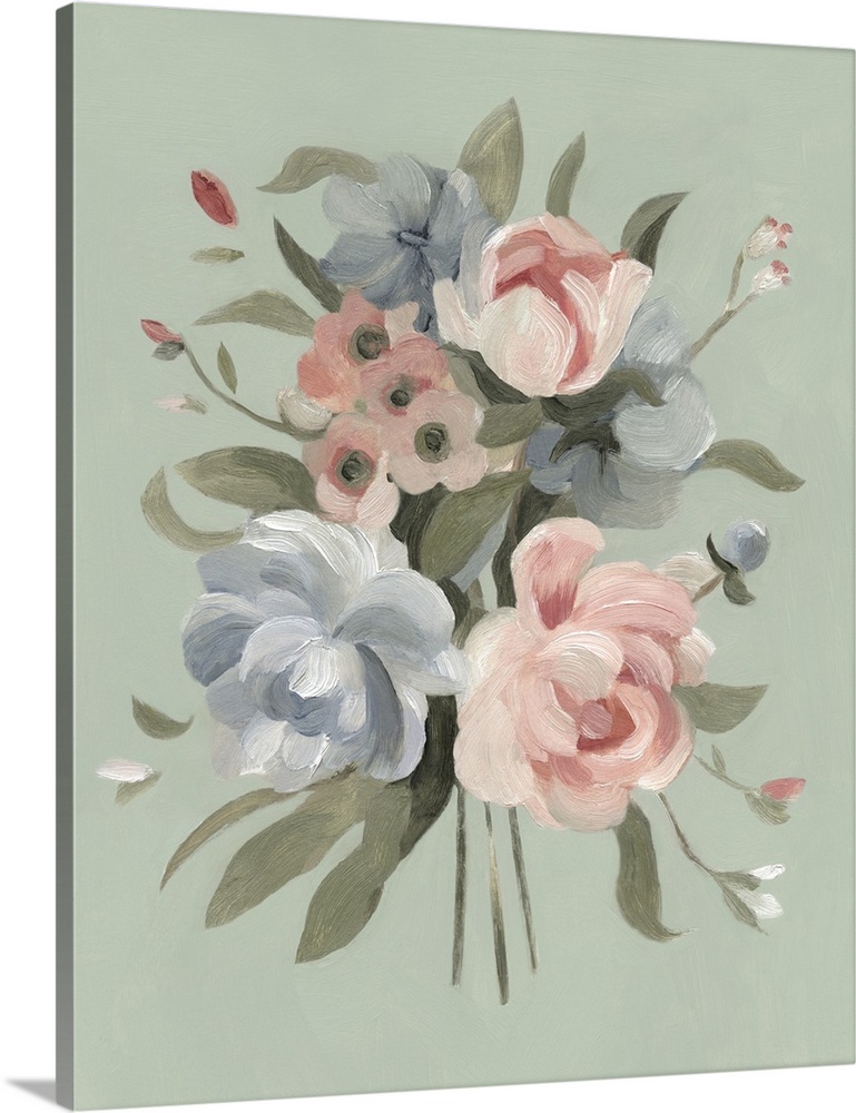 Elegant contemporary painting of a bouquet of pink and blue flowers on a moss green backdrop.