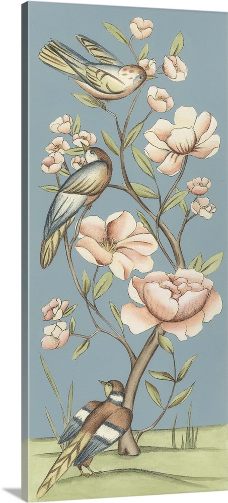 Colorful whimsical artwork of garden birds perched on flowering plant.