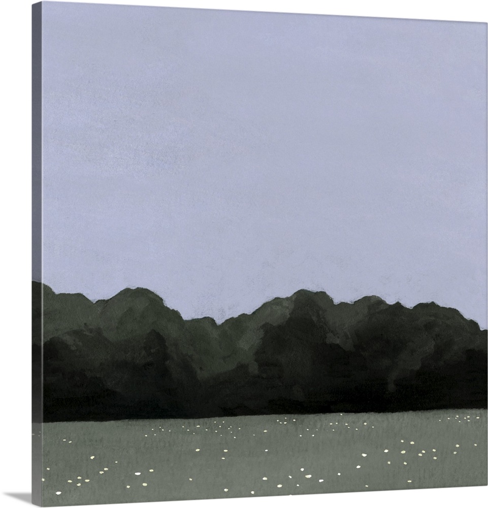 A simple contemporary painting of a field lined by a forest of trees with a wide, open evening sky.