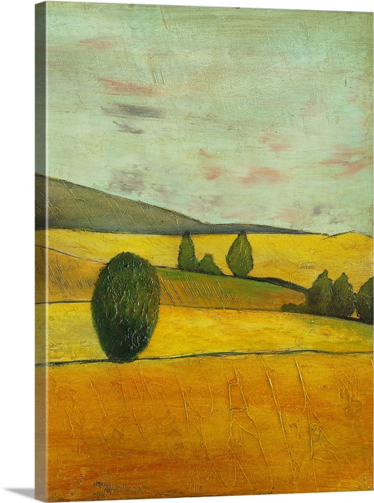 Contemporary painting of a golden landscape of rolling countryside hills.