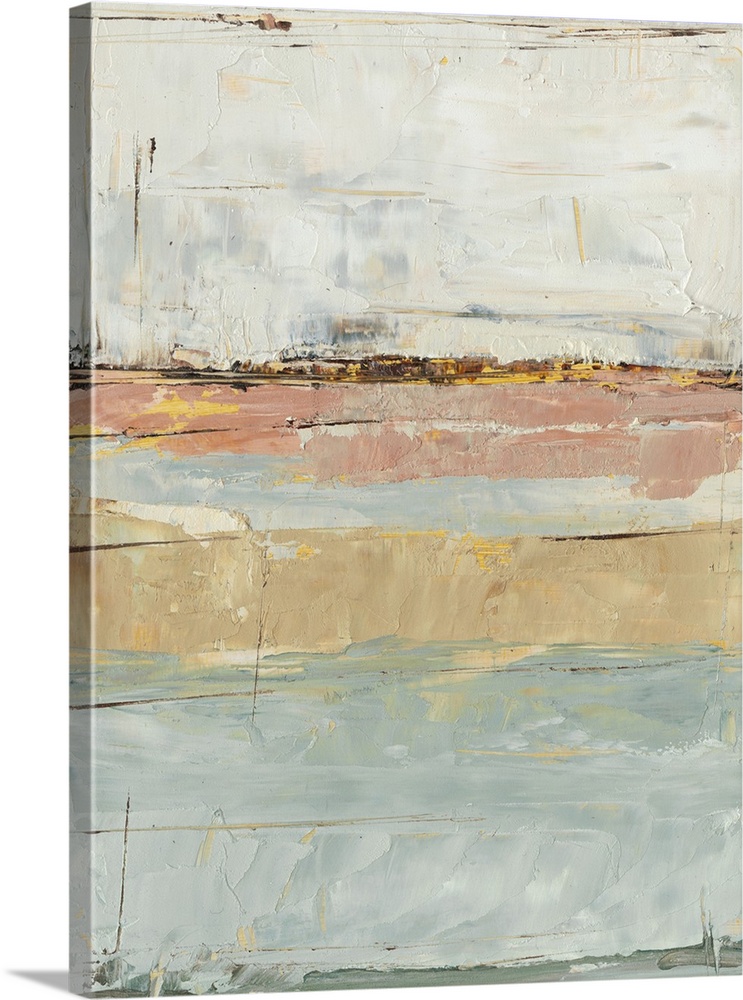 Contemporary abstract painting with pale blue, pink, and brown planes of color.