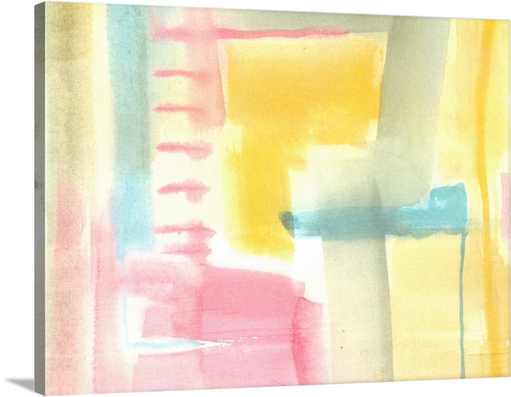 Pastel abstract watercolor artwork in blended shapes of pink, grey, teal, and yellow.