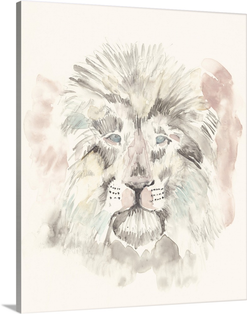 Contemporary abstract painting of a lion in soft pastel hues.