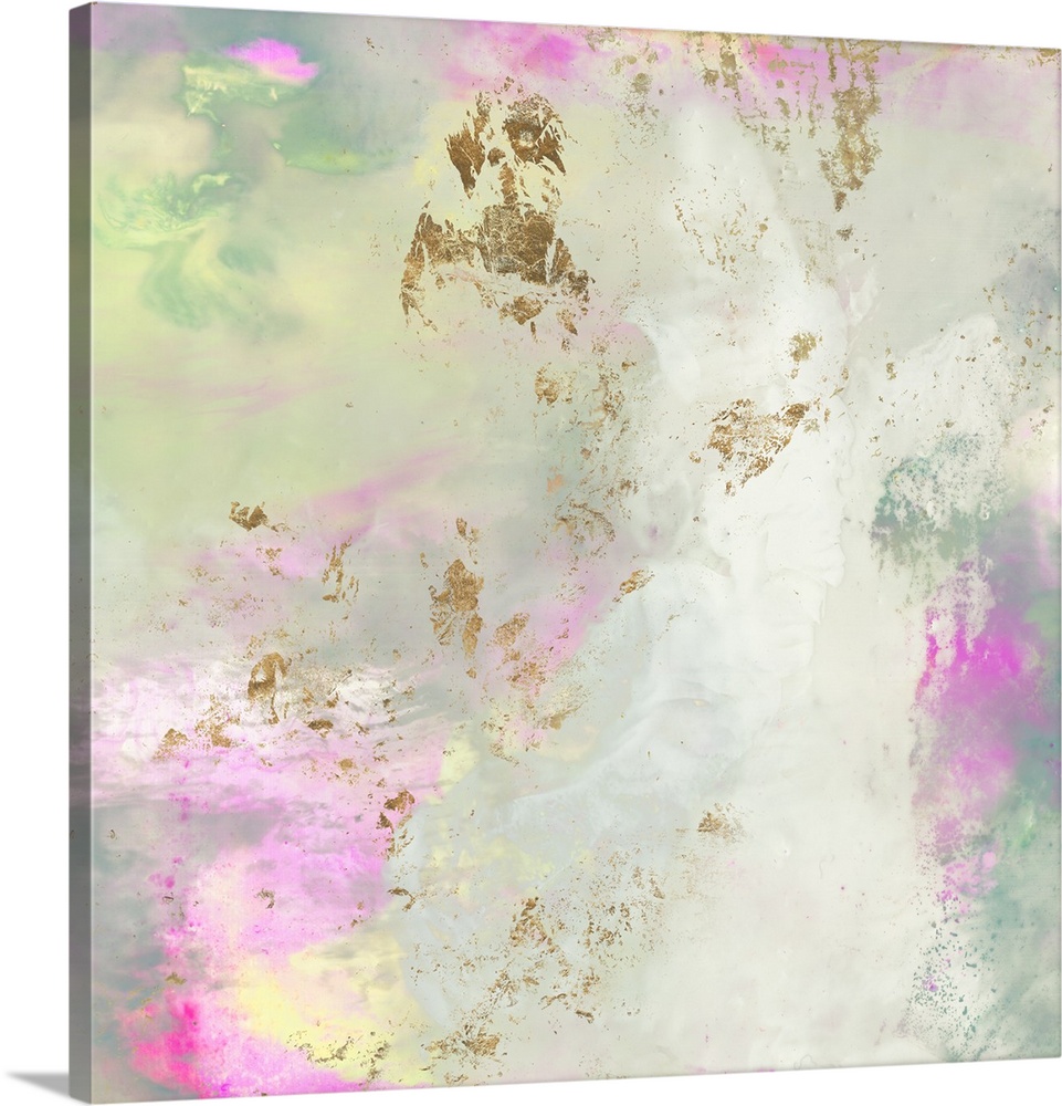 Pastel contemporary painting in contrasting shades of gold, magenta, and pale grey.