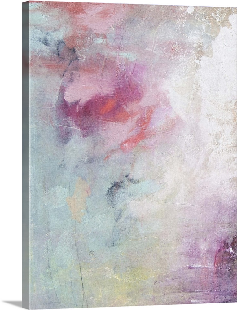 Contemporary abstract painting using washed out cloud like textures surrounding vibrant splashes of color.