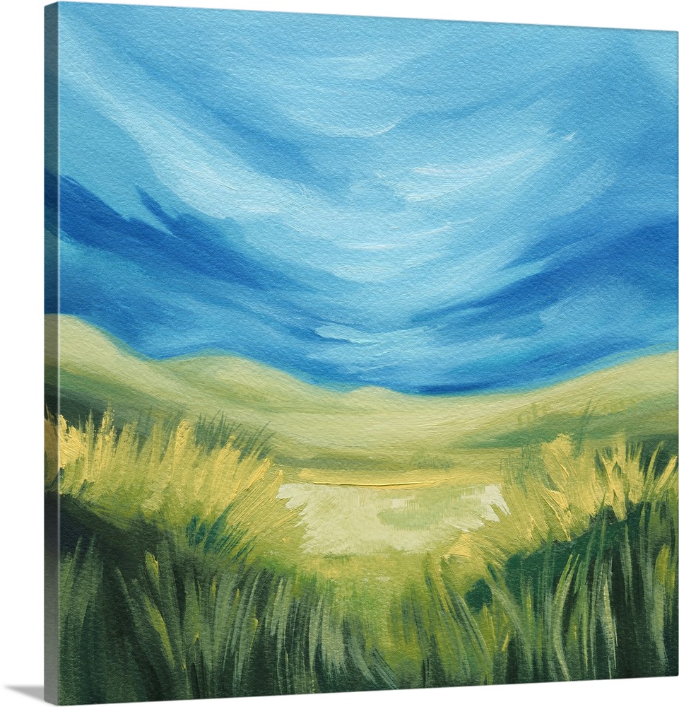 A contemporary abstracted landscape painting on tall grasses in front of rolling hills under a deep blue sky. Fluid brushs...