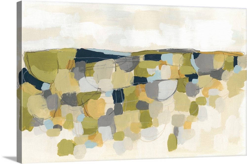 This contemporary artwork features blocks of yellow, green and blue over a beige landscape.