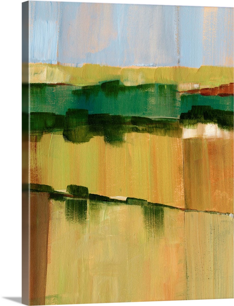 Contemporary semi-abstract painting of farmland under a dusty blue sky.