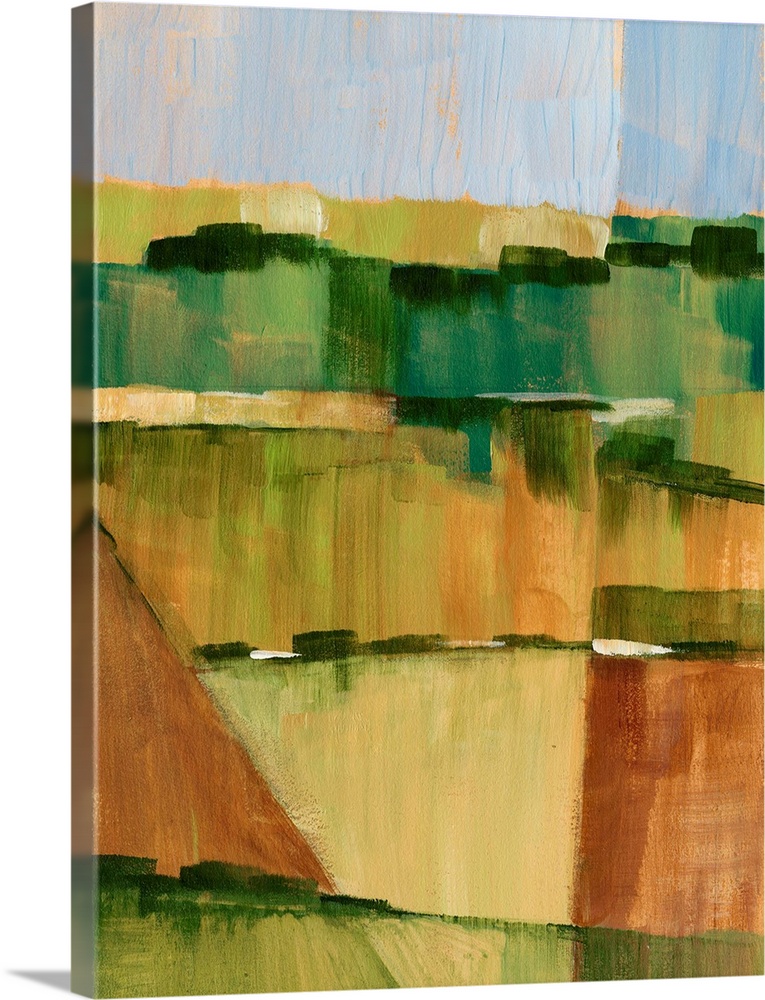 Contemporary semi-abstract painting of farmland under a dusty blue sky.