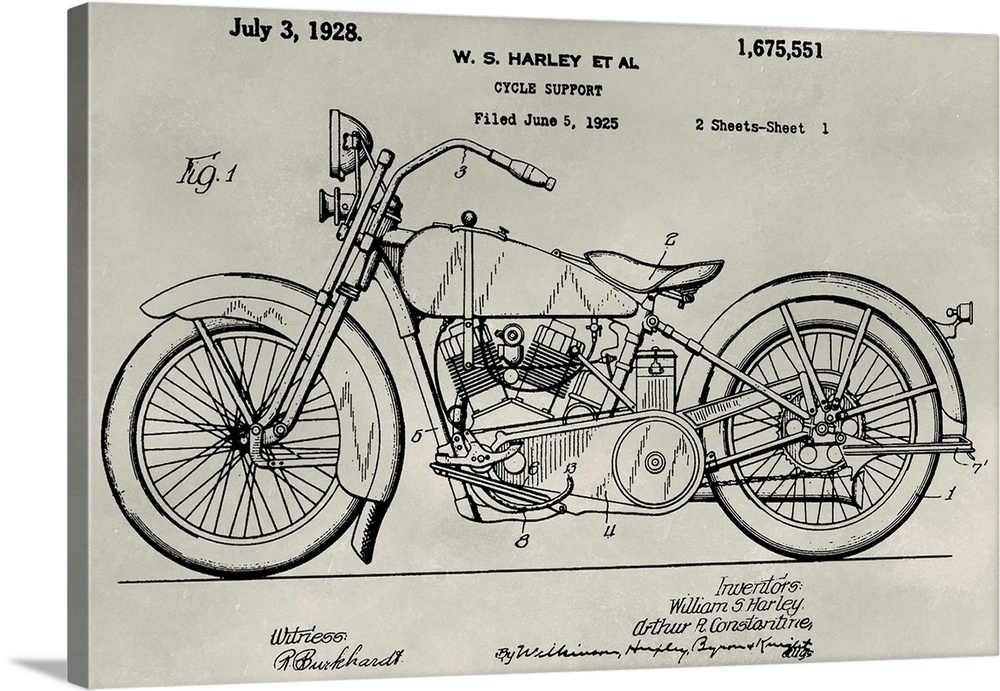 Vintage patent illustration of a motorcycle.