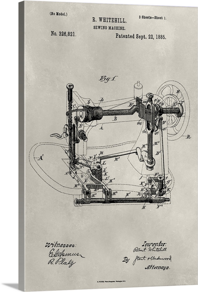 Vintage patent illustration of a sewing machine.