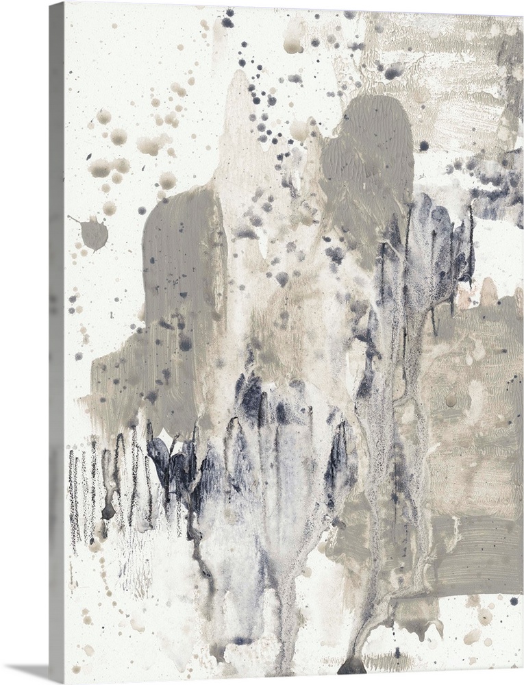 This abstract artwork is constructed from thick brush strokes, smeared paint and paint splatter with drips in shades of gray.