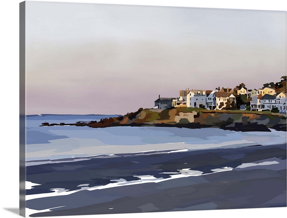 Contemporary artwork of a peaceful beach scene with a town on the coast.