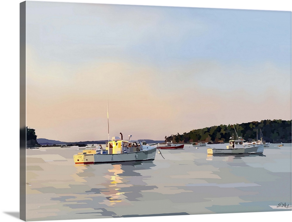 Serene seascape painting of fishing boats on the water at sunset.