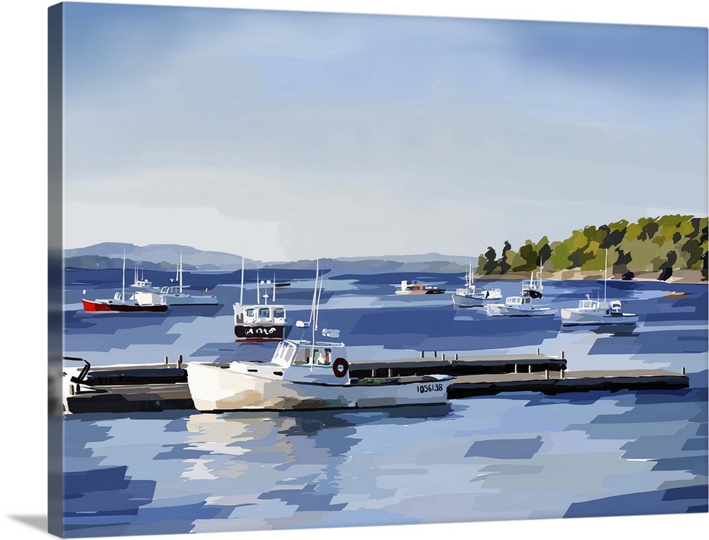 Serene seascape painting of fishing boats on the deep blue water in a bay.