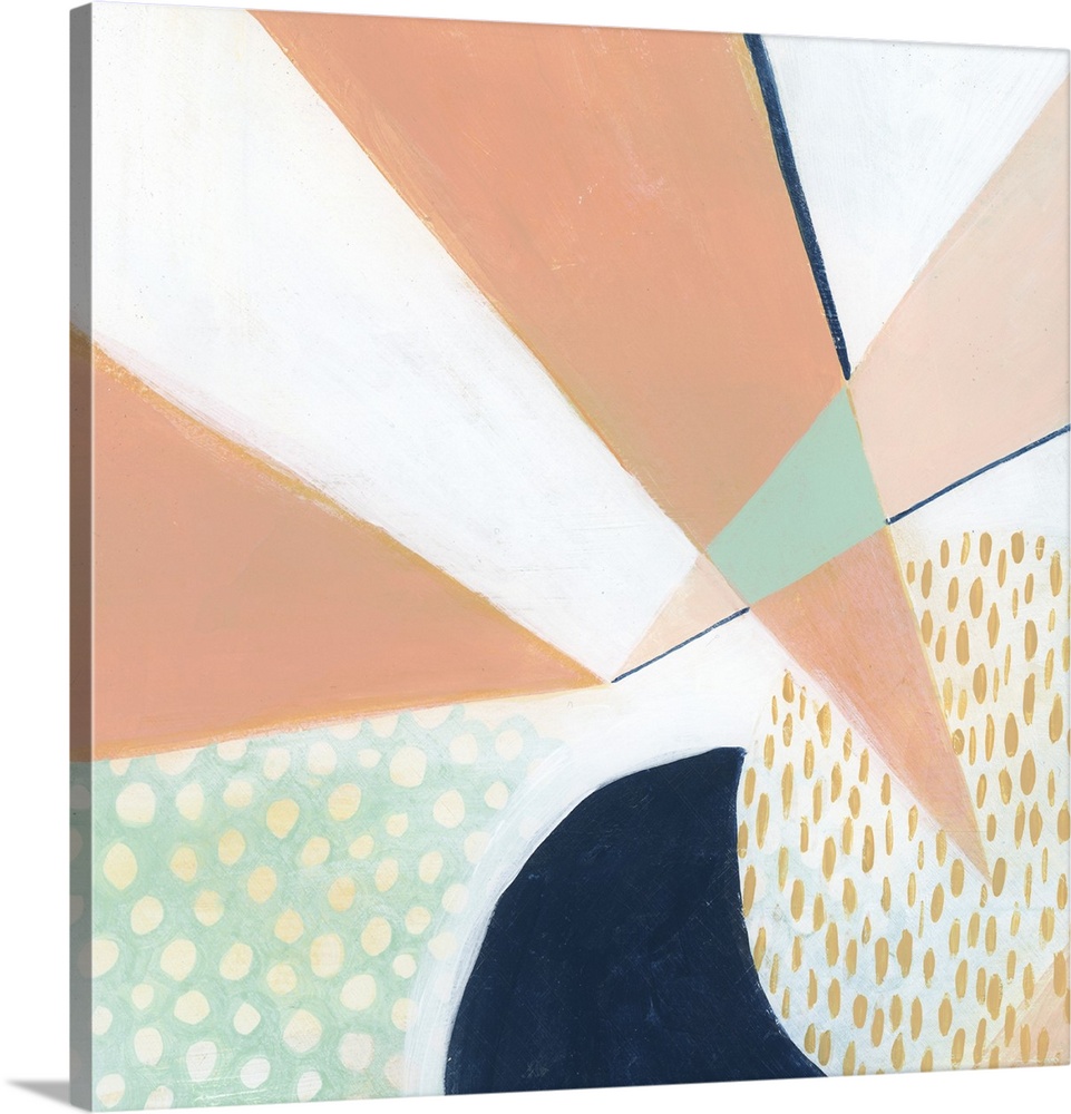 Square modern abstract of circular and triangle shapes in pastel colors with repetitive spots and navy accents.