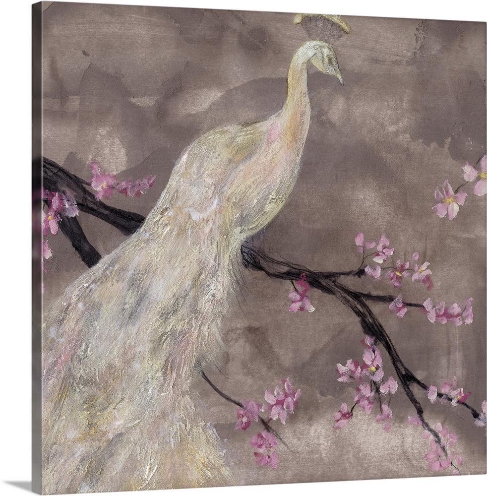 This contemporary artwork depicts an all white peacock that is perched on a branch with small flowers blooming.
