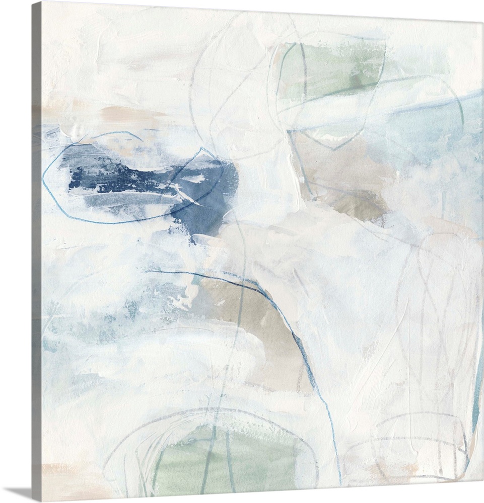 White, pale blue, and neutral browns come together to construct this abstract painting reminiscent of a calm day on the be...