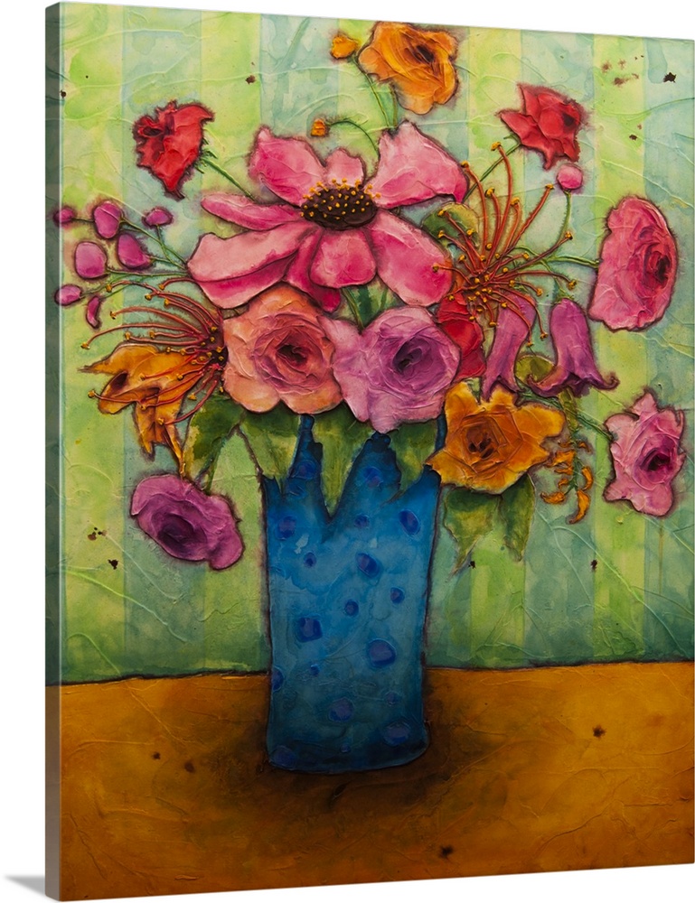 A painting of a blue vase holding a bouquet of pink flowers.