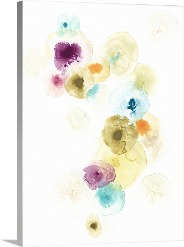 Vertical artwork featuring watercolor droplets over a white background to resemble a petri dish.