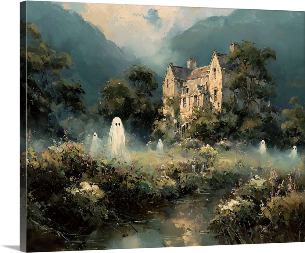 Very far away, an old English Victorian style manor house sits with whimsical transparent ghosts surrounded by gardens.