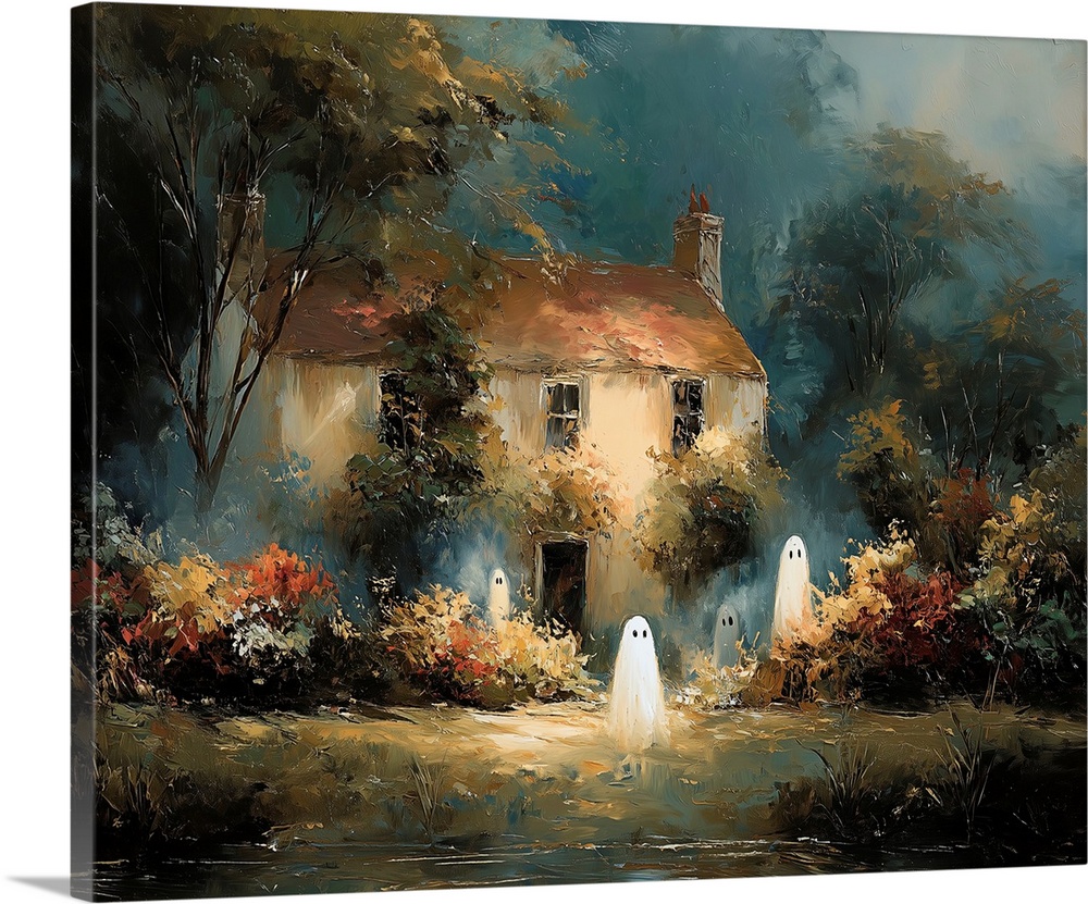 Very far away, an old English Victorian style manor house sits with whimsical transparent ghosts surrounded by gardens.