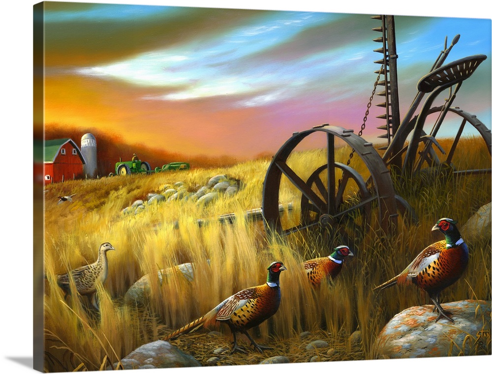 A piece of contemporary artwork of a farm with the barn and a tractor in the background and pheasants drawn in the foregro...