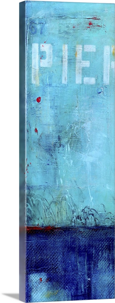 Contemporary abstract painting using two vibrant blue tones contrasting one another with stenciled lettering toward the top.