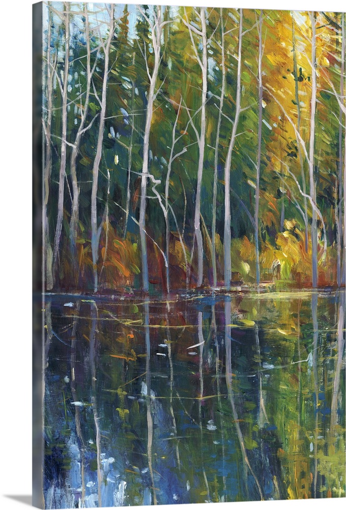 Contemporary painting of a forest at the edge of a stream.