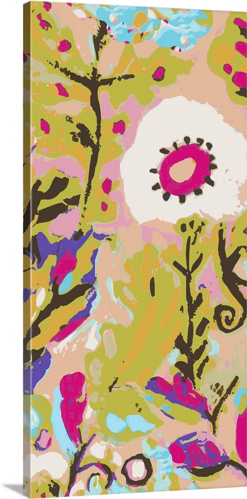 Festive floral artwork in pink and purple on dusty yellow.