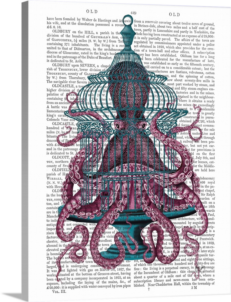 Decorative artwork with a pink octopus trapped inside of an antique bird cage painted on the page of a book.