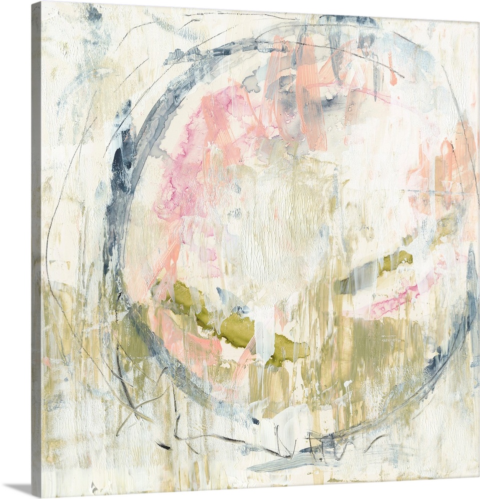 Abstract artwork of mossy green and pale pink and blue in a round, organic shape.