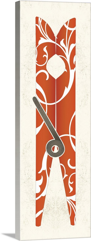 Contemporary painting of a orange clothespin with a white damask pattern.