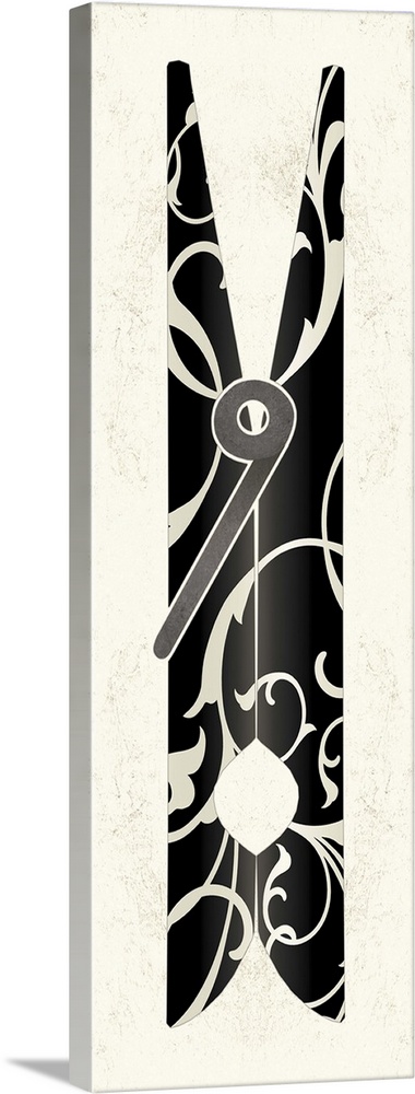 Contemporary painting of a black clothespin with a white damask pattern.