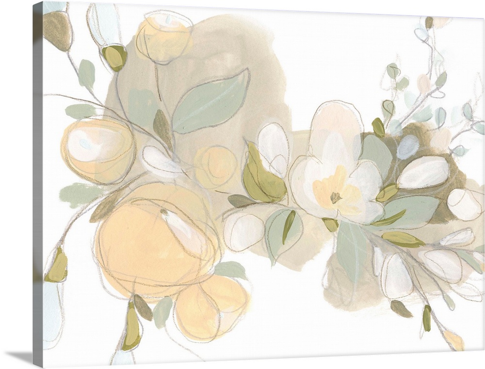 Delicate gestural flowers in soft hues of yellow, beige and green pervade across a white background in this decorative art...