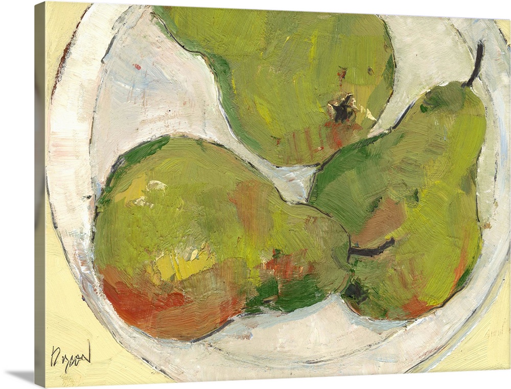 Painting of a plate of pears, seen from above.