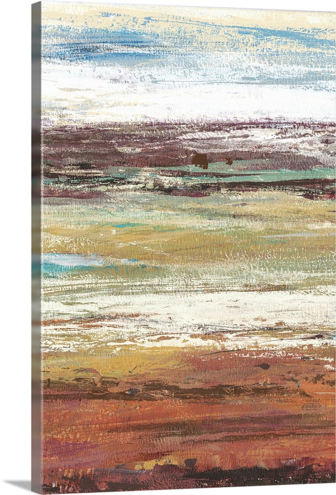 Abstract artwork of horizontal bands of rust and beige, resembling a landscape.