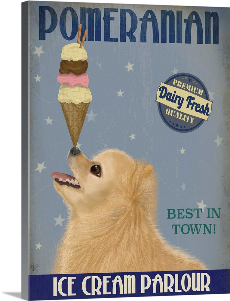 Decorative artwork of a Pomeranian balancing an ice cream cone on its nose in an advertisement for an ice cream parlour.