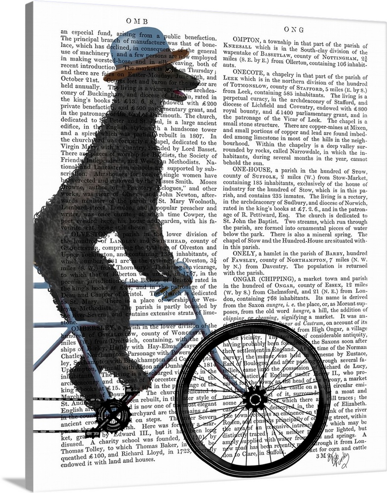 Decorative artwork of a black Poodle wearing a hat and riding on a bicycle, painted on the page of a book.