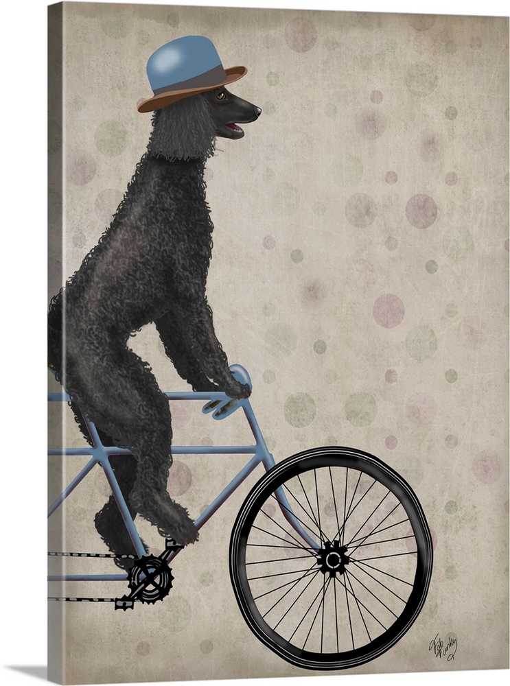 Decorative artwork of black Poodle riding on a blue bicycle and wearing a matching blue hat.