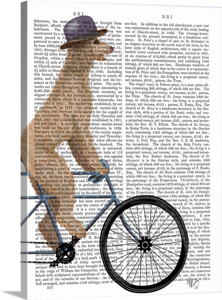 Decorative artwork of a golden Poodle wearing a hat and riding on a bicycle, painted on the page of a book.