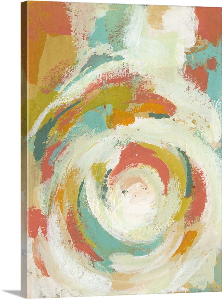 Contemporary abstract painting of a swirling shape in white, orange, and green.