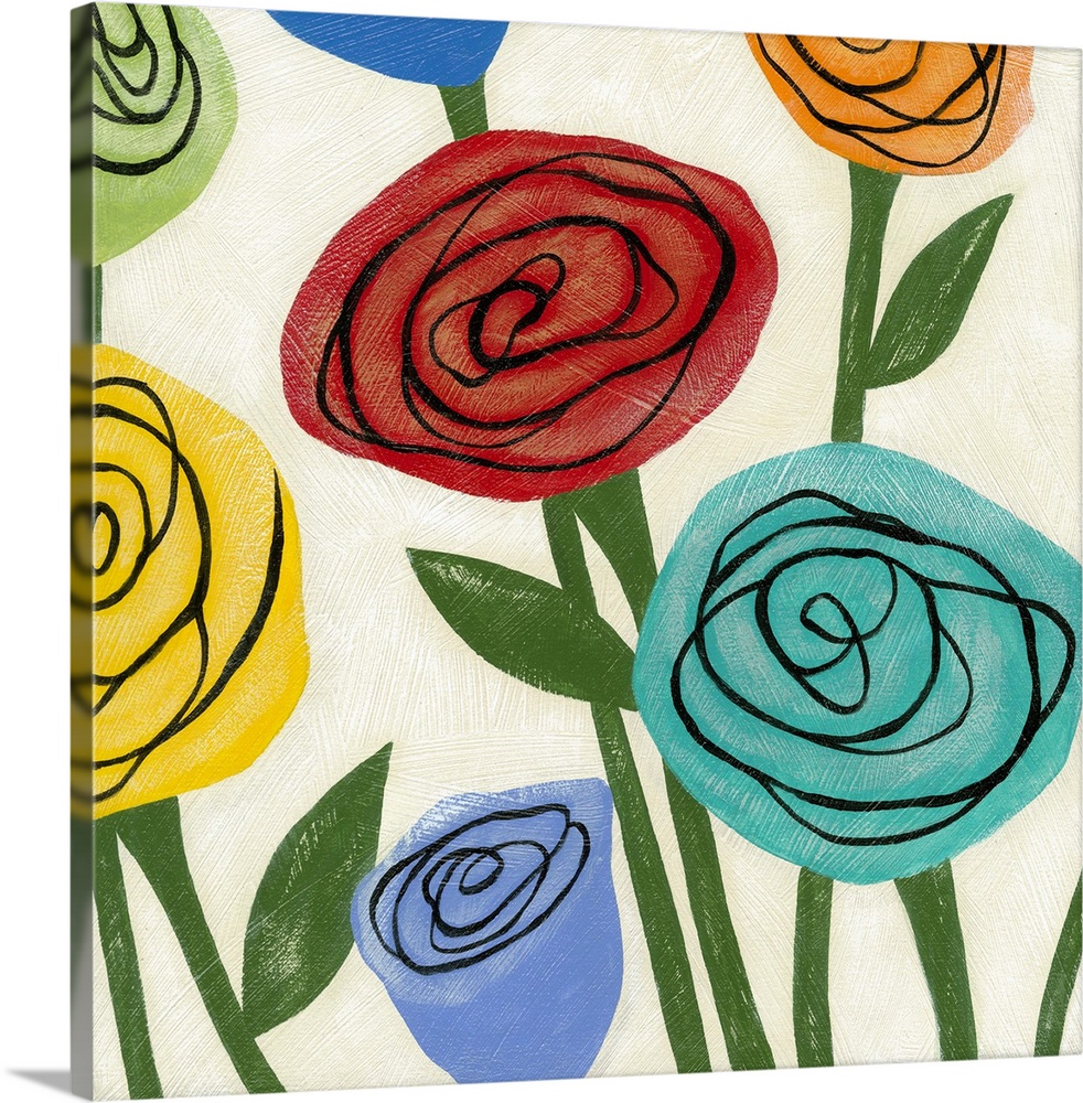Pop art inspired flowers with in wild colors and simple shapes.