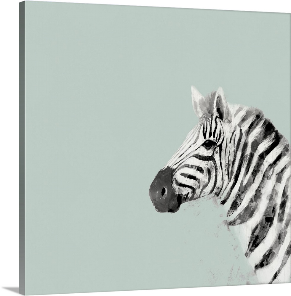 A decorative image of a profile of  zebra on the right side of a light blue background.