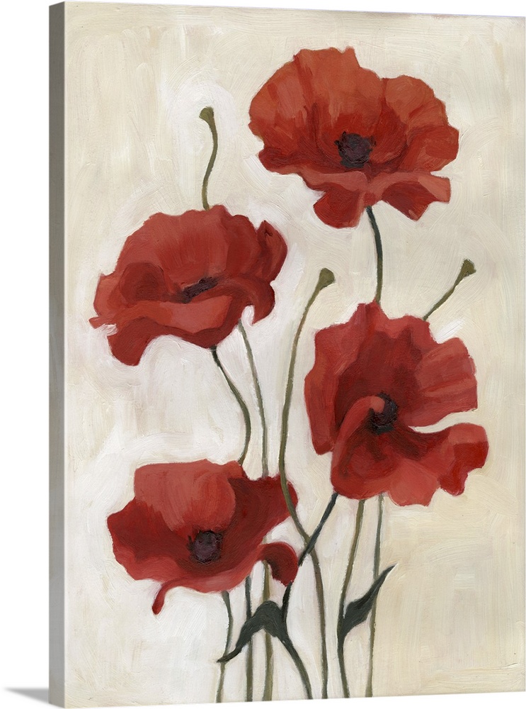Vertical contemporary artwork of a bouquet of red poppies over a warm toned background.