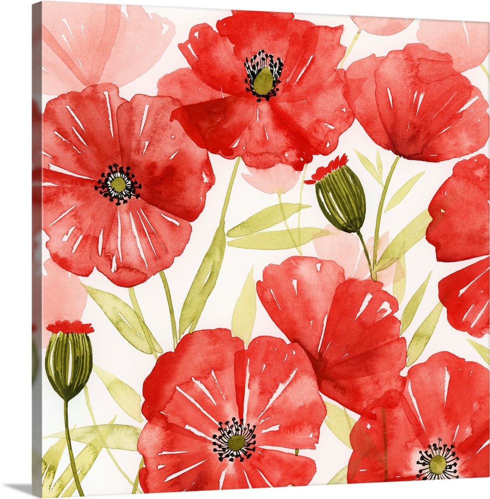 Bright poppies in shades of red with spring green leaves fill this jubilant decorative art.