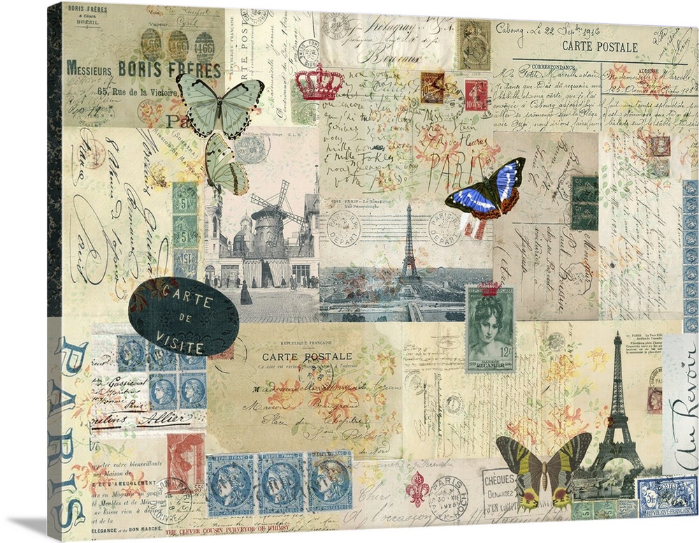 Collage of various aged French postcards adorned with butterflies and stamps.
