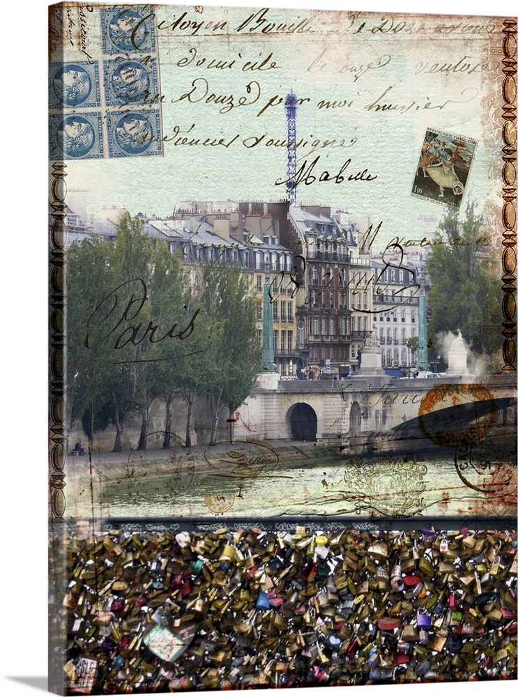 Travel collage of Paris from the love locks bridge, decorated with french text.